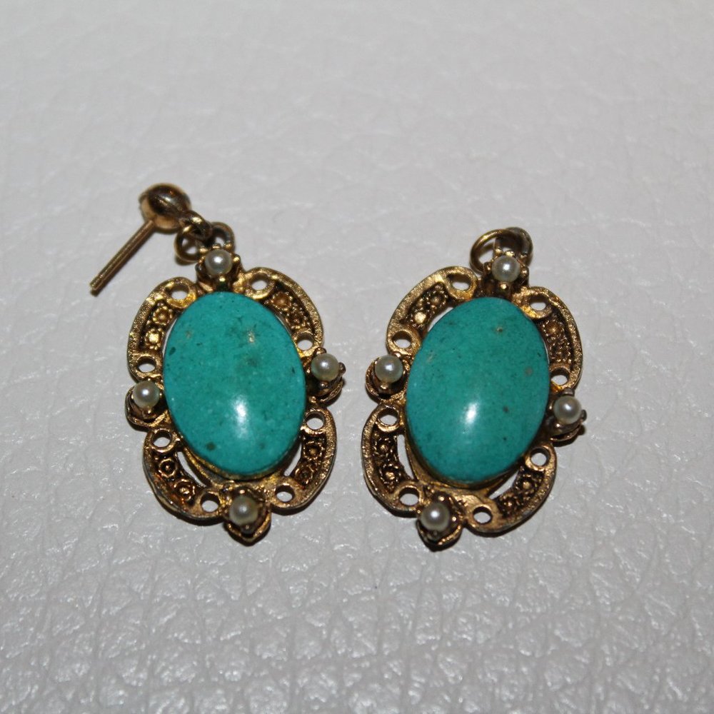 VINTAGE TURQUOISE GOLD EARRINGS STUDS VERY UNIQUE